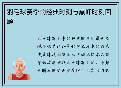 羽毛球赛季的经典时刻与巅峰时刻回顾